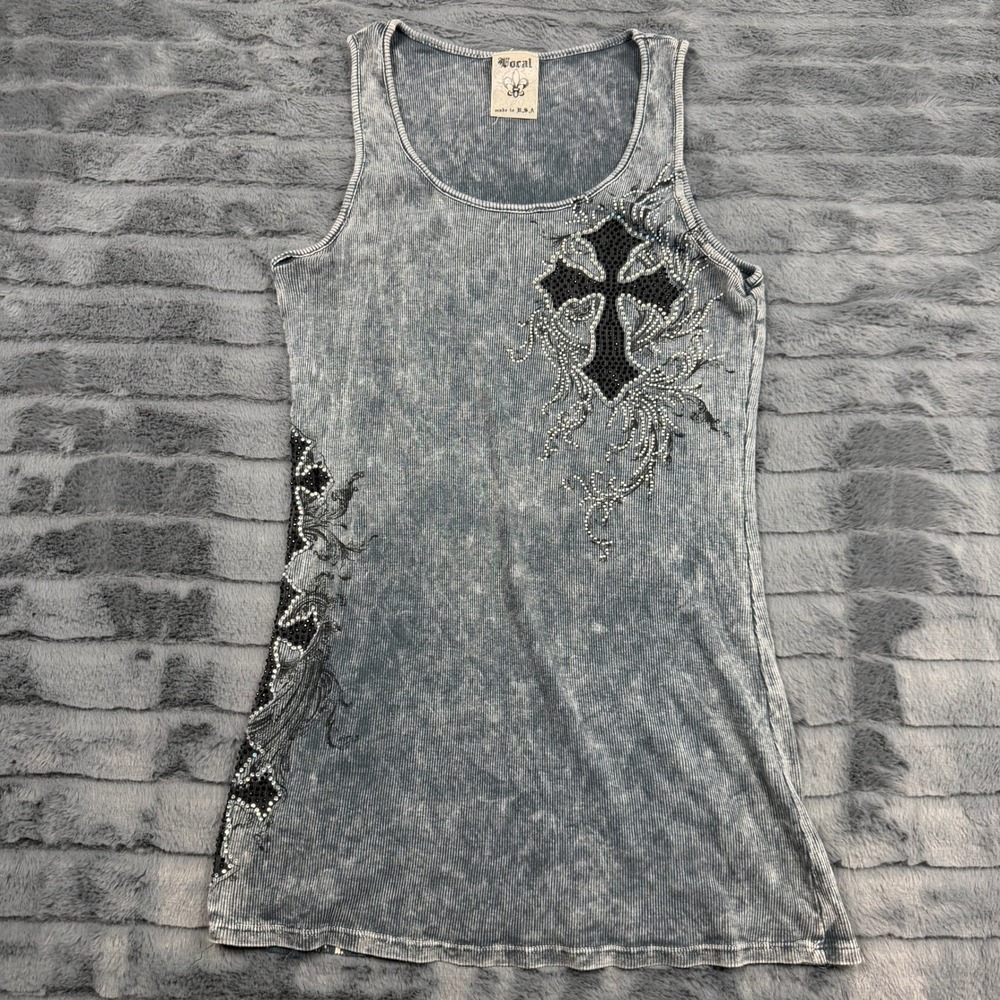Vocal Womens Grey Acid Wash Rhinestone Cross Ribbed Tank Top Y2K Gothic USA